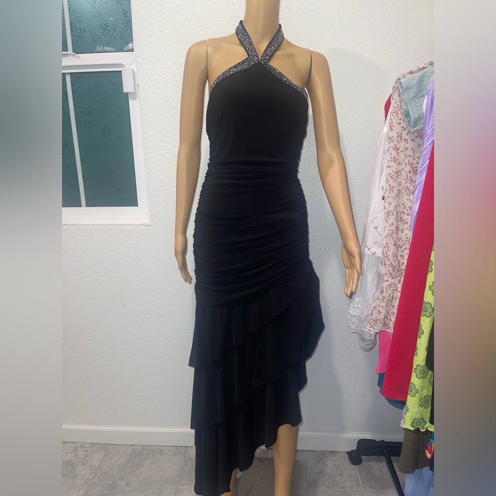 Blondie Nites Black Asymmetrical Halter Dress